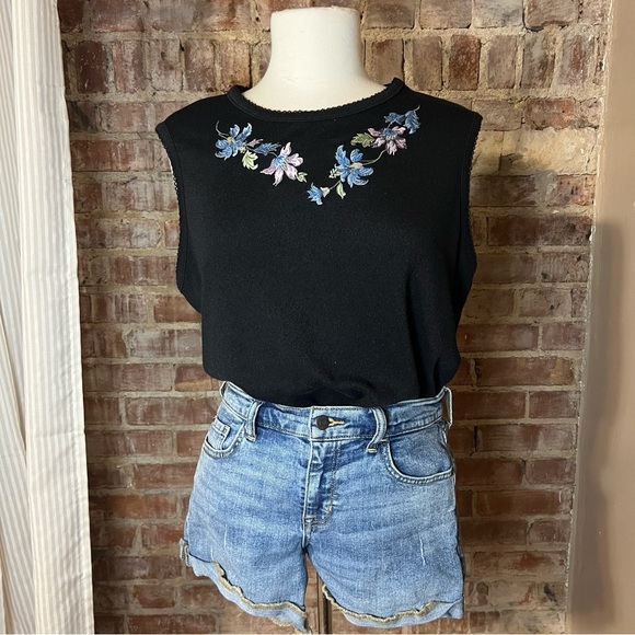 Vintage Floral Embroidered Black Sleeveless Top/Tank -SizeXL -TP23 - Picture 2 of 8